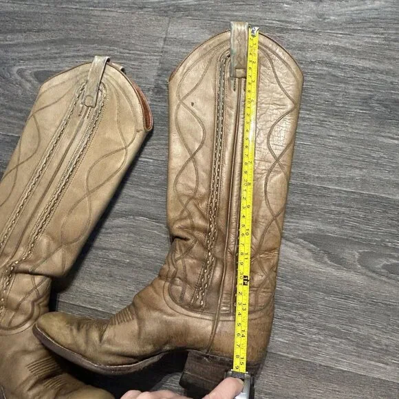 Vintage Dan Post Size 6 C Cowboy Knee Boots Made in Spain Tan Braided 4115 - Picture 8 of 16